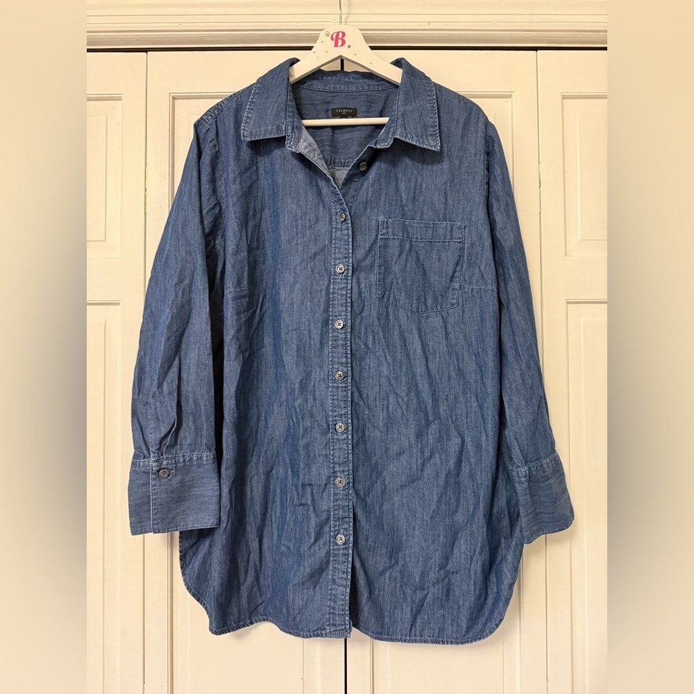 Talbots Casual Blue Denim Button Down Shirt 100% Cotton 2X Mature Casual